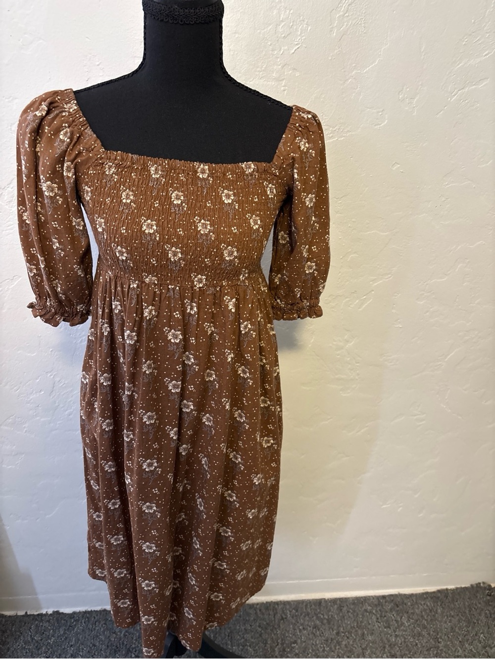 Rylee + Cru Brown Floral Smocked Midi Dress